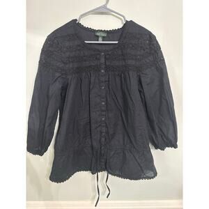 Lauren Ralph Lauren LRL Black Lace Trim Peasant Blouse XL Cotton Boho Top